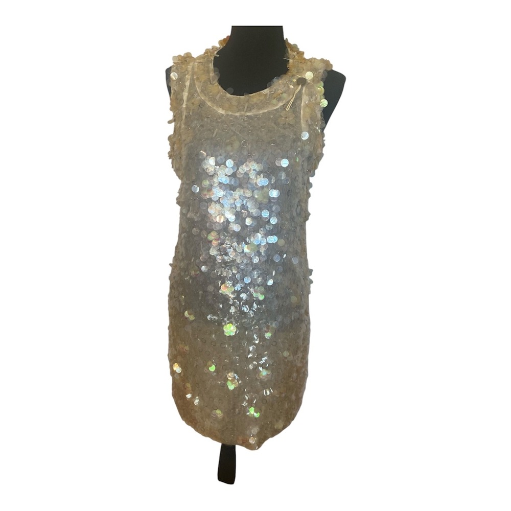 Pinko Womens Iridescent Paillette Sequin ShiftDress CreamSatin Sleeveless Sz4